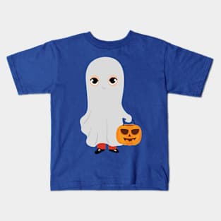 Halloween Kid dressed as ghost holding Kids T-Shirt